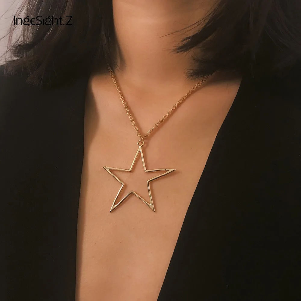 

IngeSight.Z Fashion Alloy Star Pendant Necklace Statement Long Chain Necklace Antique Wishing Tree Collier for Women Jewelry