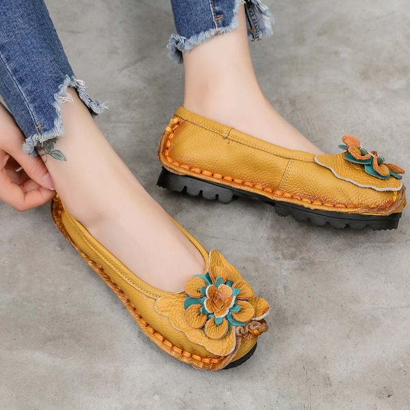 Ethnic Women Loafers Genuine Split Leather Flat Heels Flower Round Toe Soft Solid Sandals Platform Ladies Shoes Zapatos De Mujer bridal slingbacks