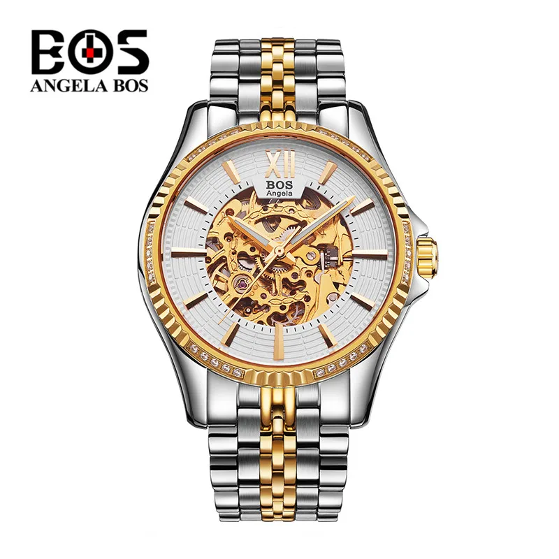 Reloj Hombre ANGELA BOS Gold Silver Mechanical Watch Man Waterproof Sapphire Skeleton Business Wrist Watch Relogio Masculino