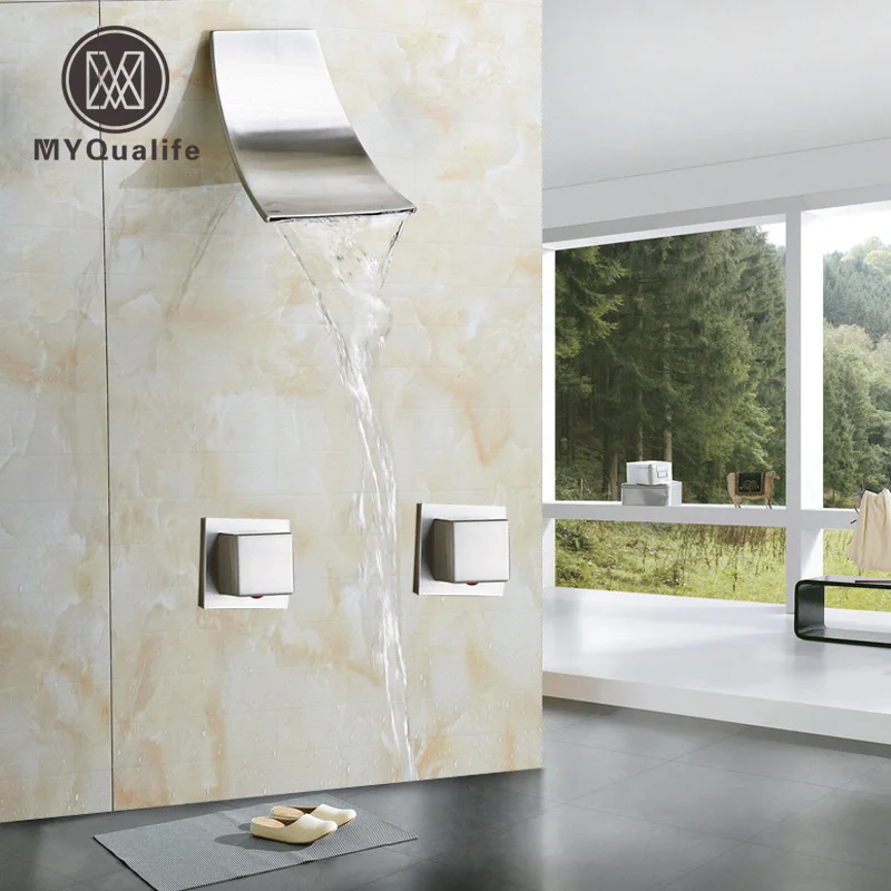 2016 new Dual Handle Waterfall Head Shower Faucet Brushed Nickel Bathroom Shower Mixer Taps