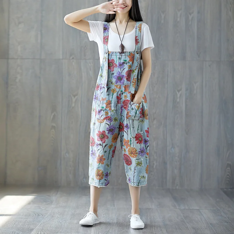 

Hole Scratched Wide Leg Floral Denim Jumpsuit Women Plus Size Baggy Long Romper Ladies Print Drop Crotch Hip Hop Cowboy Overalls