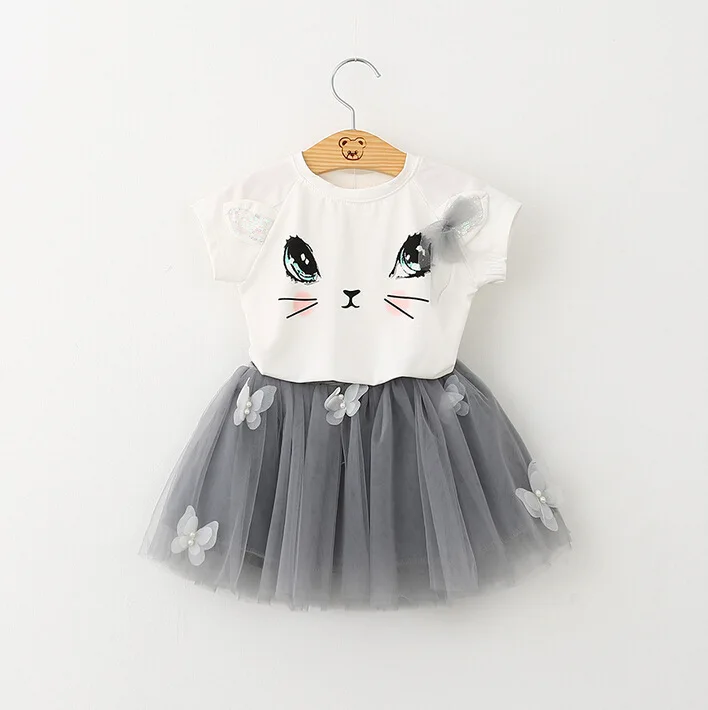 Детские платья для маленьких девочек Новинка года, летняя Модная стильная футболка с принтом котенка+ платье с вуалью Одежда для девочек из 2 предметов - Цвет: White