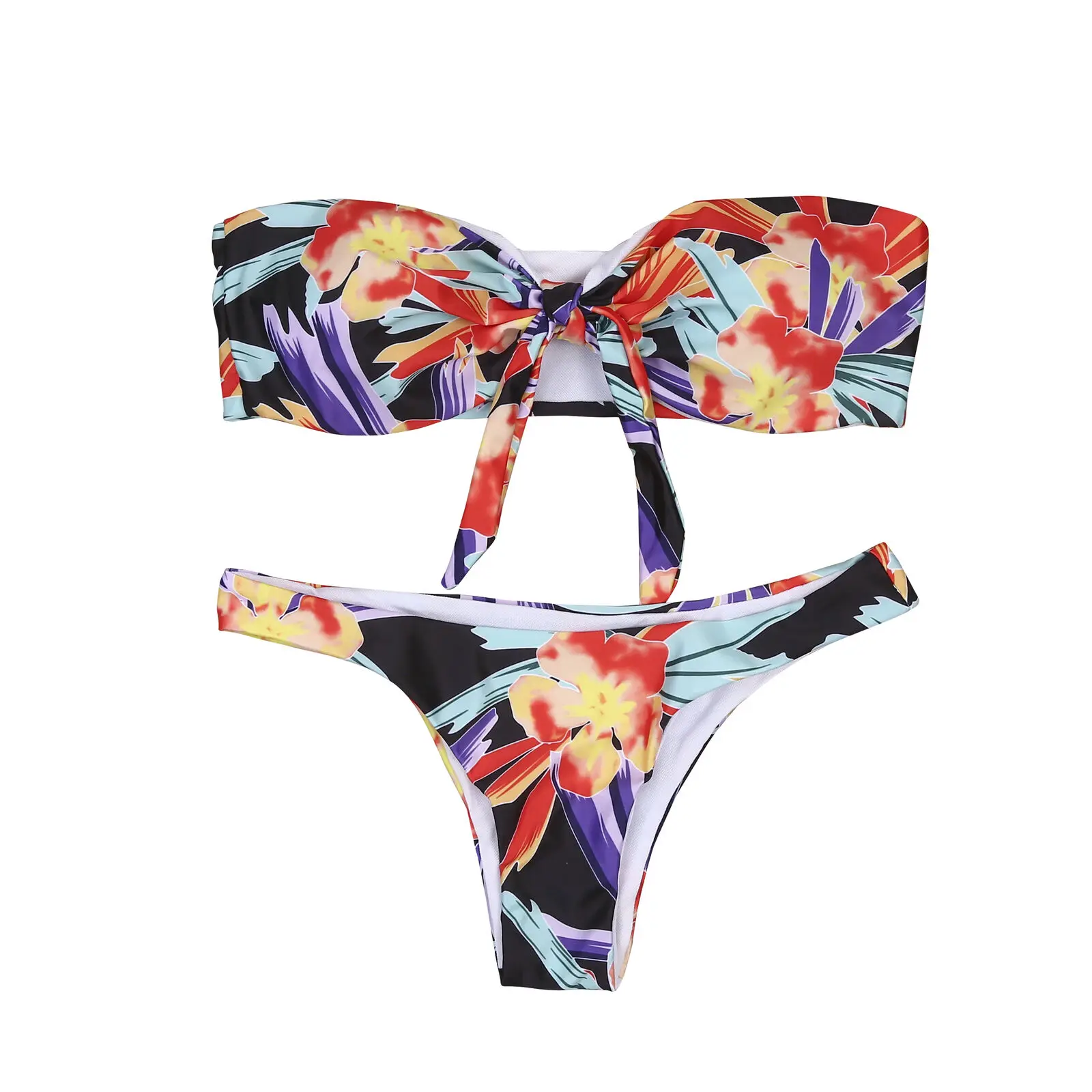 

Womens Swimwear Bathing Suits Bikini Bandeau Bra Swimsuit Knot Tankini Leaf Printed Bikini Suit 2PCS