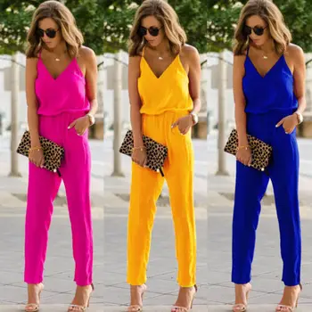 

Women Fashion Solid Bodysuit Strap Wide Legs Loose Casual Bodycon Jumpsuit V-neck Polyester Pockets Romper Trousers Clubwear