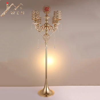 

130 cm Tall 5-arms Metal Gold Candelabras With Pendants Romantic Wedding Road Lead Candle Holder For Home Decoration 6 Pcs / Lot