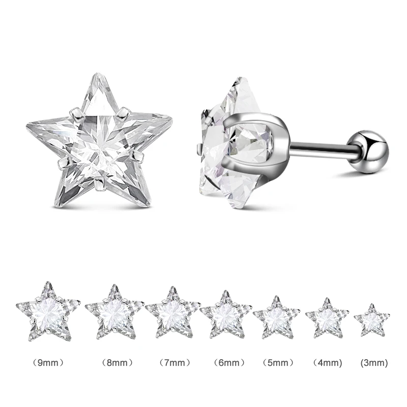 

Wholesale 10Pairs/Lot 316L Surgical Steel Star Screw Ear Bar Piercing CZ AAA Stud Earring Brinco For Sexy Girl,Size 3MM-10MM
