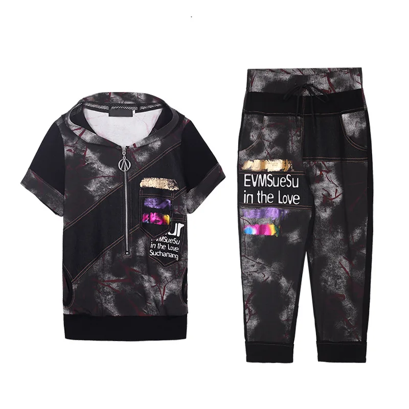 Black and Grey Женский комплект из 2 предметов, Летний джинсовый лоскутный костюм с капюшоном с короткими рукавами, джинсовый топ+ брюки-Капри, спортивный костюм, комплект одинаковой одежды - Цвет: Black and Grey