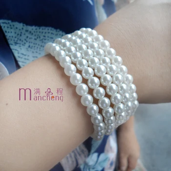 5PCS/Lots New 6mm Pearl Beaded Bracelet Fashion 6MM White Pearl Beads Bracelet with Stretch Imitation Pearl strand Bracelets