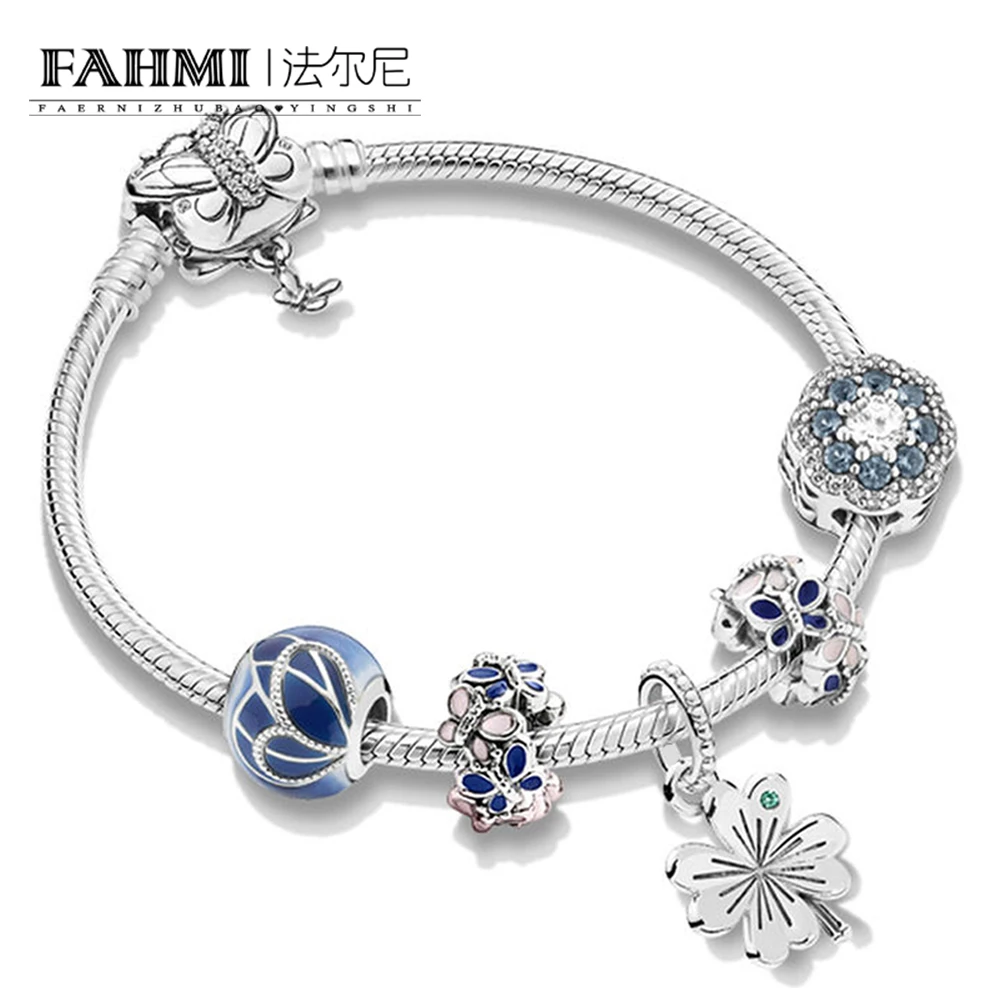 

FAHMI 100% 925 Sterling Silver New 2019 Spring ZT0257 Blue Butterfly Wing Four-leaf Clover Bracelet Exquisite Women Gift Set
