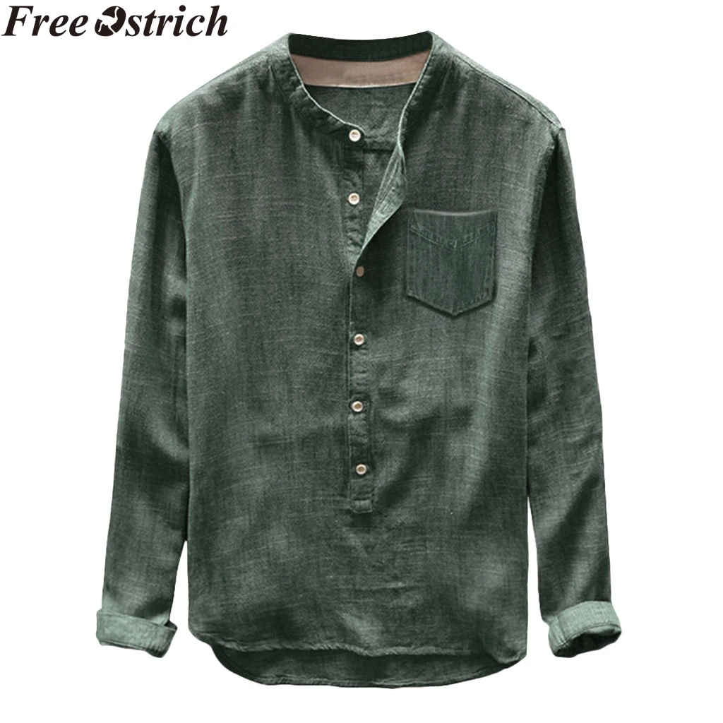 

Summer Men Cotton Linen Shirt Slim Long Sleeve Retro Solid Color Print Casual Tops Stand Collar Plus Size Soft Men Fashion Shirt