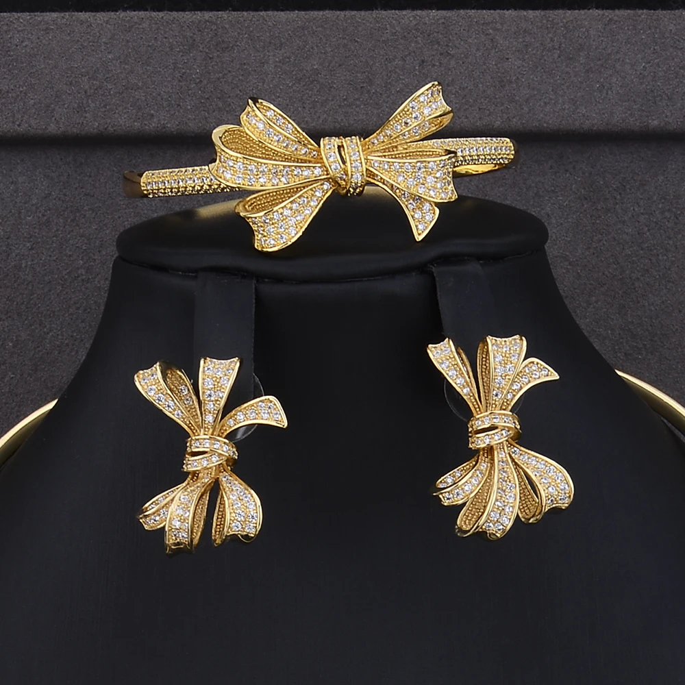 Godki роскошный африканские серебряные ожерелья с бантом Ювелирный Комплект c серьгами наборы для женщин Свадебные циркониевые CZ Дубай наборы свадебных ювелирных изделий