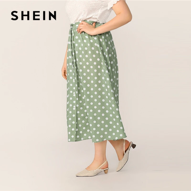 SHEIN, юбка трапециевидной формы с зеленым узором в горошек, на пуговицах, размера плюс,, женские весенне-летние повседневные Элегантные длинные свободные юбки для офиса