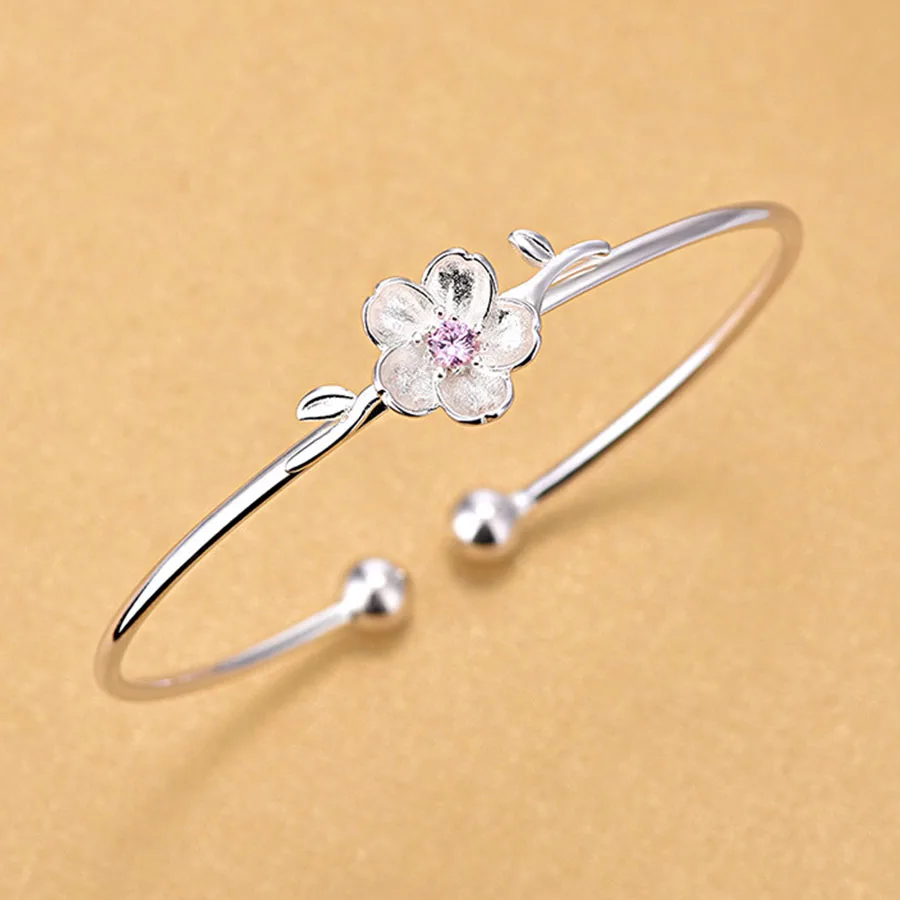 

Fashion Cherry Blossoms 925 Silver Adjustable Bracelets Pink Purple Crystal Flower Opening Bangles Jewelry For Girl Female Gift