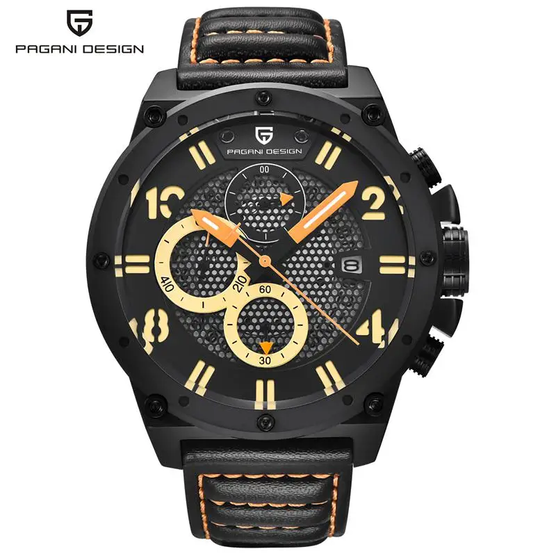 

PAGANI Men's Watch Big Size Leather Strap Skeleton Dial Japanese Quartz Watches Auto Date Chronograph Wristwatches PD-2693