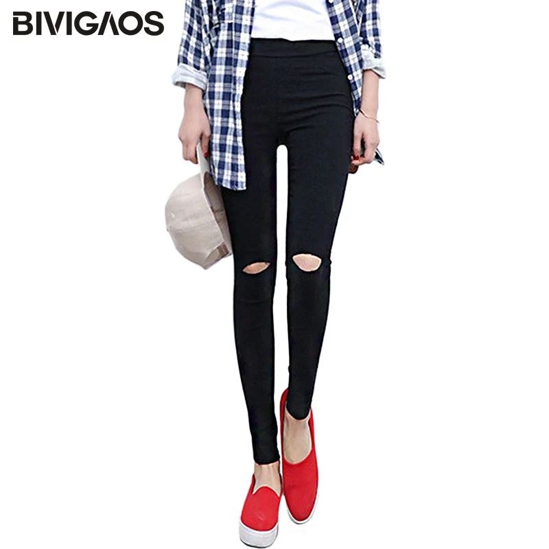 Bivigaos Korean Womens Knee Ripped Hole Pencil Pants Slim Skinny Thin Stretch Woven Leggings 