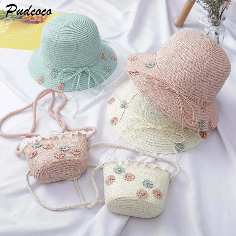 

2019 Brand Girls Kids Beach Bucket Breathable Cap Straw Sun Hat+Shoulder Handbag Bag Set Beach Sun Protection Flower Hat 2Pcs