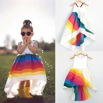 

PUDCOCO Sweet Girls Princess Sling Dress Kids Baby Party Pageant Casual Beach Rainbow Tutu Dresses Sundress 1-6T