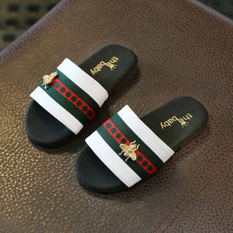 

Bee Patch Soft Bottom Kids Slippers with Green and Red Striped Floral Print Little Boys Girls Casual Slippers 2019 NEW