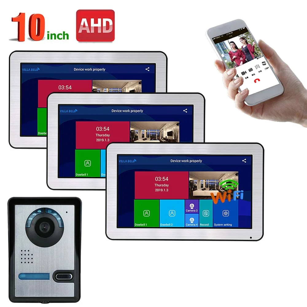 buy 10 inch 3 Monitors Wired Wifi Video Door Phone Doorbell Intercom Entry System with AHD 720P Wired IR CUT Camera Night Vision