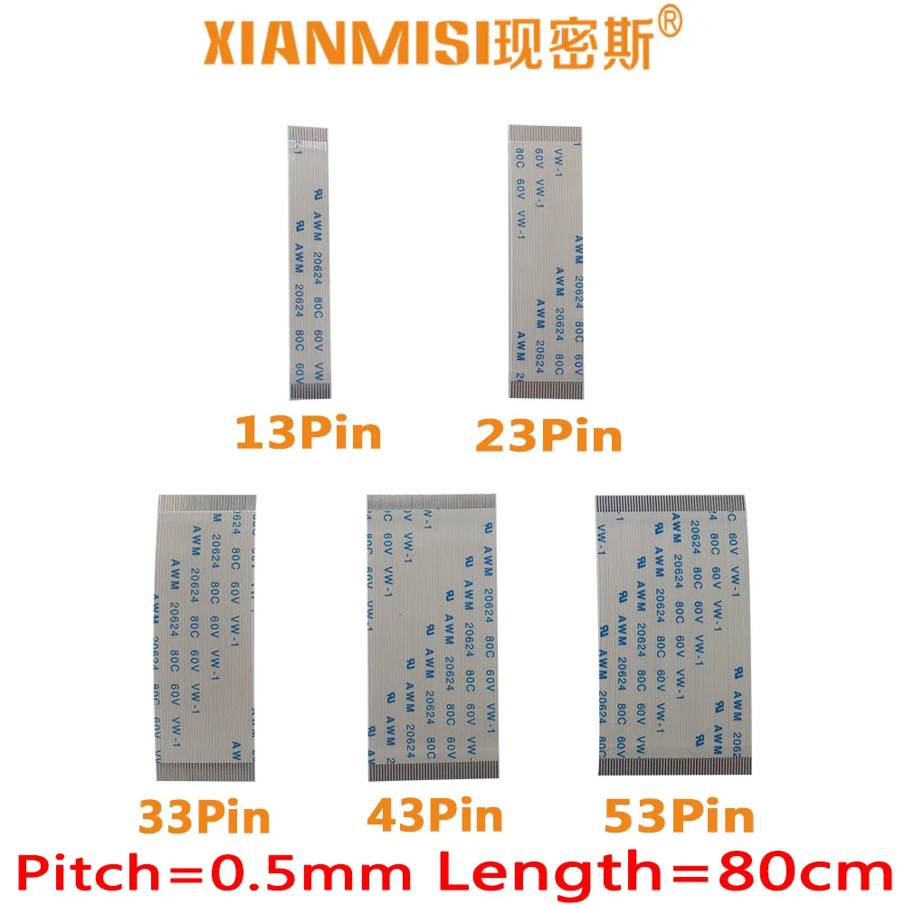 FFC/FPC Flat Flex Cable 13Pin 23Pin 33Pin 43Pin 53Pin Same Side 0.5mm Pitch AWM VW-1 20624 20798 80C 60V Length 80cm 5PCS | Электроника