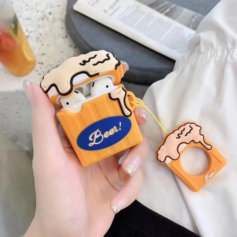 

3D Cool Beer Shockproof Silicone Earphone Pouch For Airpods 1/2G Charger Case With Ring Strap Anti-dust Holster
