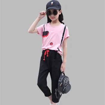 

Girls Clothes Summer Print Clothing For Teens Print Shirt+Black Pants 2 Pcs Teen Children's Clothes For Girls 4 6 8 10 12 Years