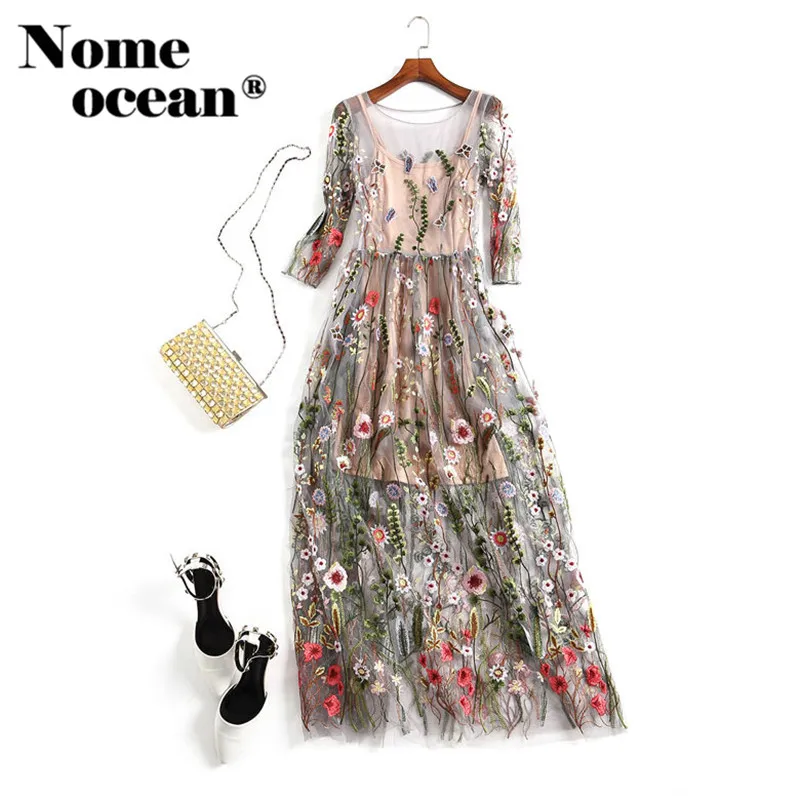

Runway Maxi Dresses Gorgeous Half Sleeves Sheer Mesh Embroidery Long Dress Boho Bohemian Brand Style Long Dresses M18011402