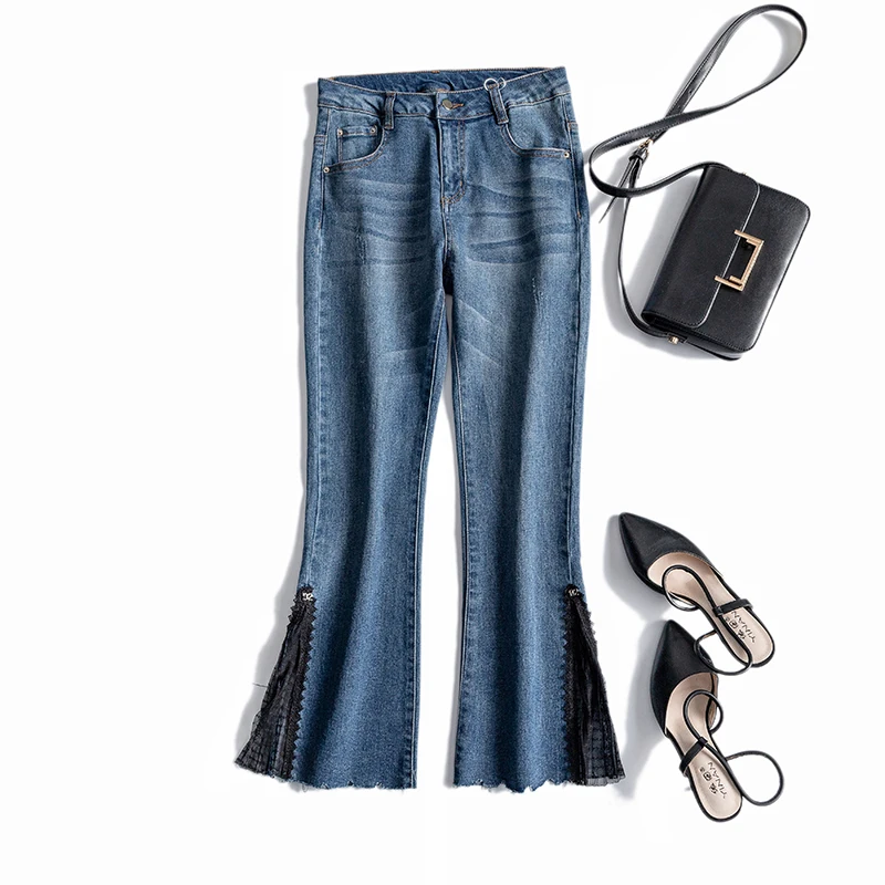 

High waist elastic slim slimming mesh stitching raw jeans nine points micro bell pants