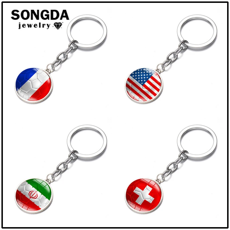 

SONGDA Top Quality 2018 Football Keychain France Switzerland America Iran Flag Glass Dome Key Ring Fans Friendship Souvenir Gift