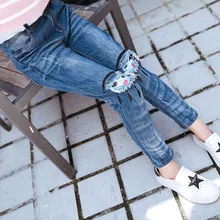 Детская одежда для девочек, новые осенние джинсы для отдыха, штаны, Популярные эластичные детские брюки, синие джинсовые штаны с рисунком