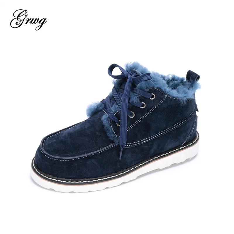 

GRWG Beckham same style real suede leather lace-up winter snow boots for men 100% natural wool fur lined winter shoes