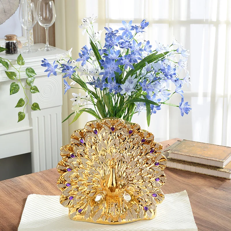 

Peacock Statue Diamond Gold Plated Ceramic Craftwork Home Decor Animal Flower Vase Wedding Gift L3137