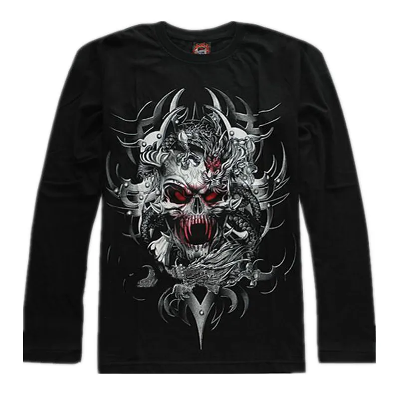 

Spring Autumn New Men's Red Eyes Skull Print Luminous T Shirts Male Metal Rock Punk T-Shirts Long Sleeve Tops For Men SS10