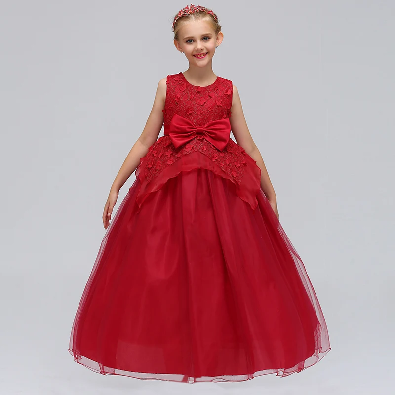Girls Party Long Dresses With Bow Lace Embroidery Floral Dresses For