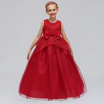 

Girls Party Long Dresses With Bow Lace Embroidery Floral Dresses For Girls Princess Birthday Dress Ball Gown Crianca Vestidos