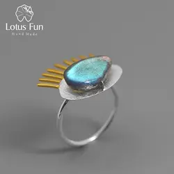 Lotus Fun реальные 925 пробы серебро натуральный Лабрадорит тонкой Ювелирное Украшение регулируемое кольцо интересные золотые ресницы кольцо