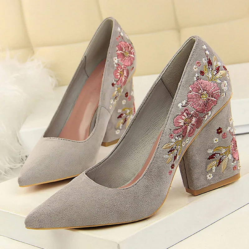 Boussac/женские туфли-лодочки с цветочной вышивкой; пикантные туфли на высоком каблуке с острым носком; элегантные женские офисные туфли; SWB0124 - Цвет: gray