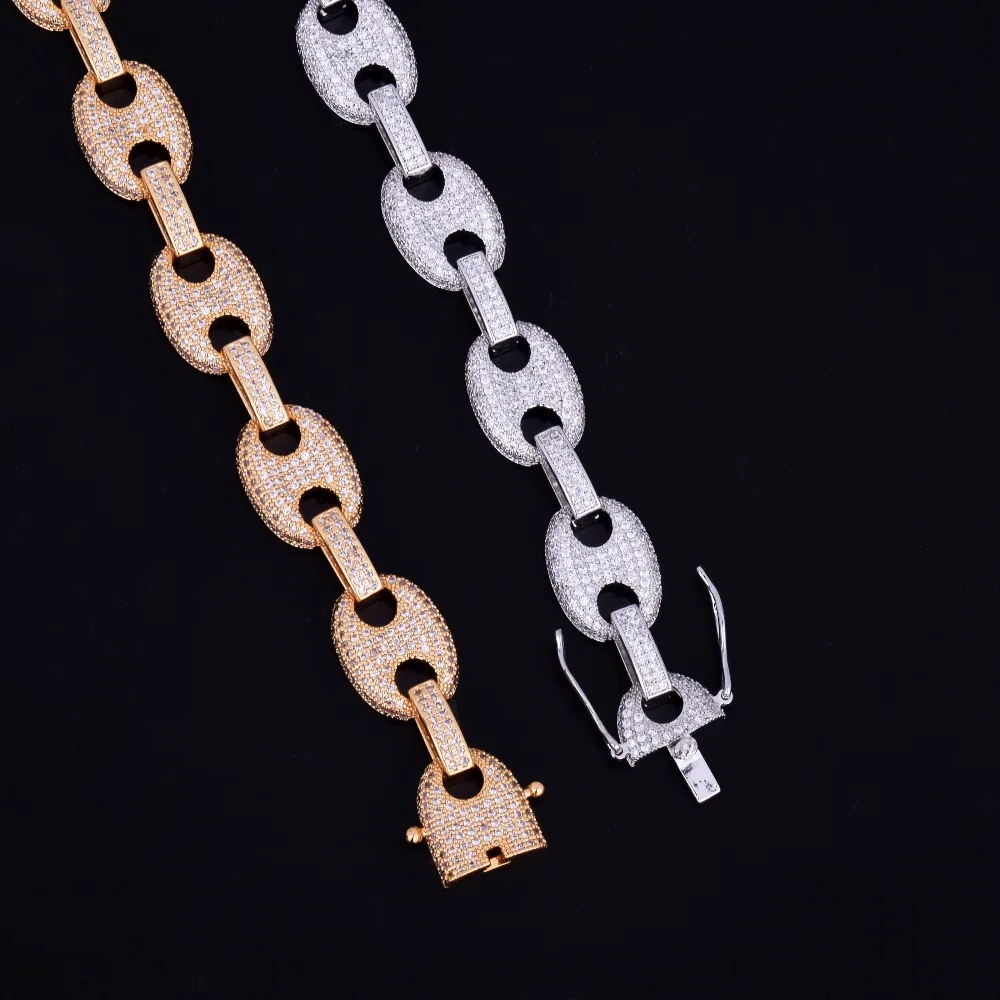 12MM Gold Men's Cuban Link Chain Bracelet Men's Hip hop Jewelry Copper Material Iced Cubic Zircon Chain Bracelet 8"