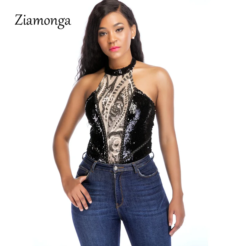 

Ziamonga Sexy Sequin Bodysuit Women Backless Sequined Overalls Halter Bodysuit Bandage Jumpsuit 2018 Nightclub Bodyocn Romper