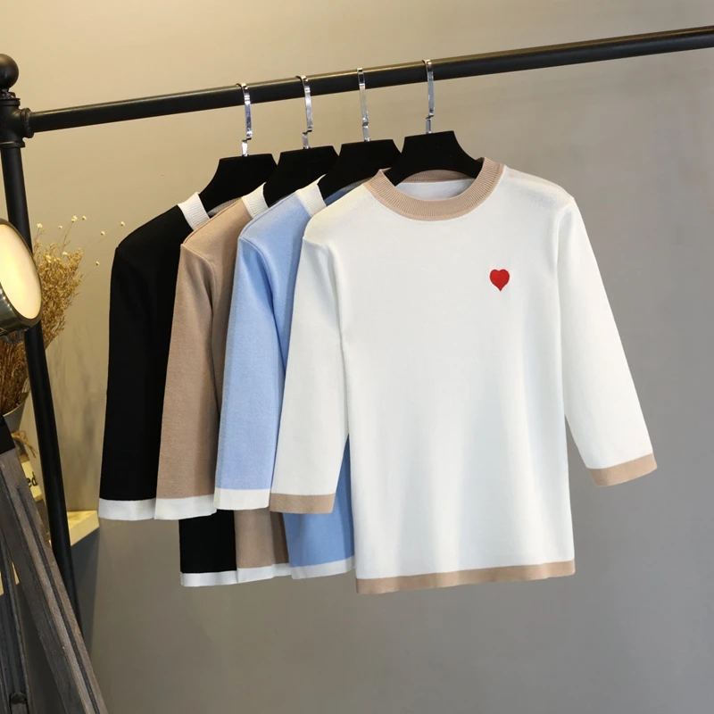 

BYGOUBY Three Quarter Women Sweater Spring Autumn Female Casual Top O-Neck Knitted Pullover and Sweater