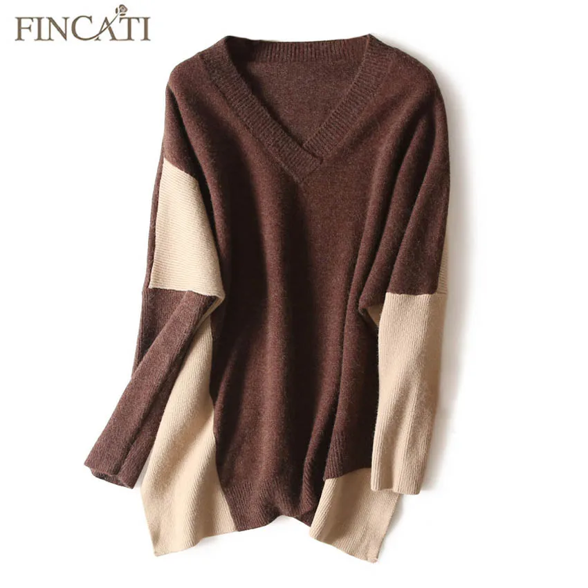 Cashmere Sweater Women 2018 New Autumn Winter Pure Cashmere Wool Fluffy V Neck Contrast Color Aysmmetrical Length Pullover Pulls