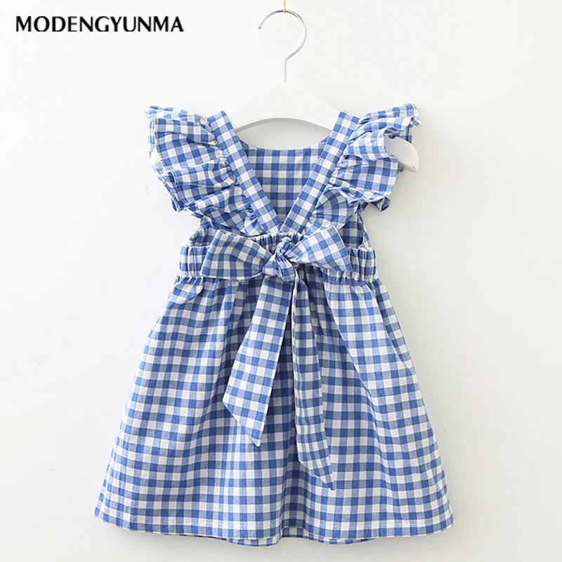 

Girls Dresses 2019 New Children High Waist Dress Girl Plaid Sleeveless kids dresses for girl Sweet Bow Dress clothes