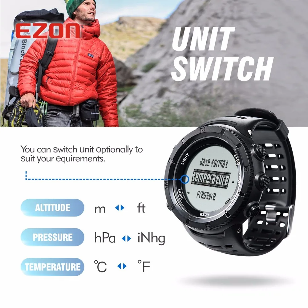 EZON многофункциональные походные часы мужские спортивные цифровые высотомер