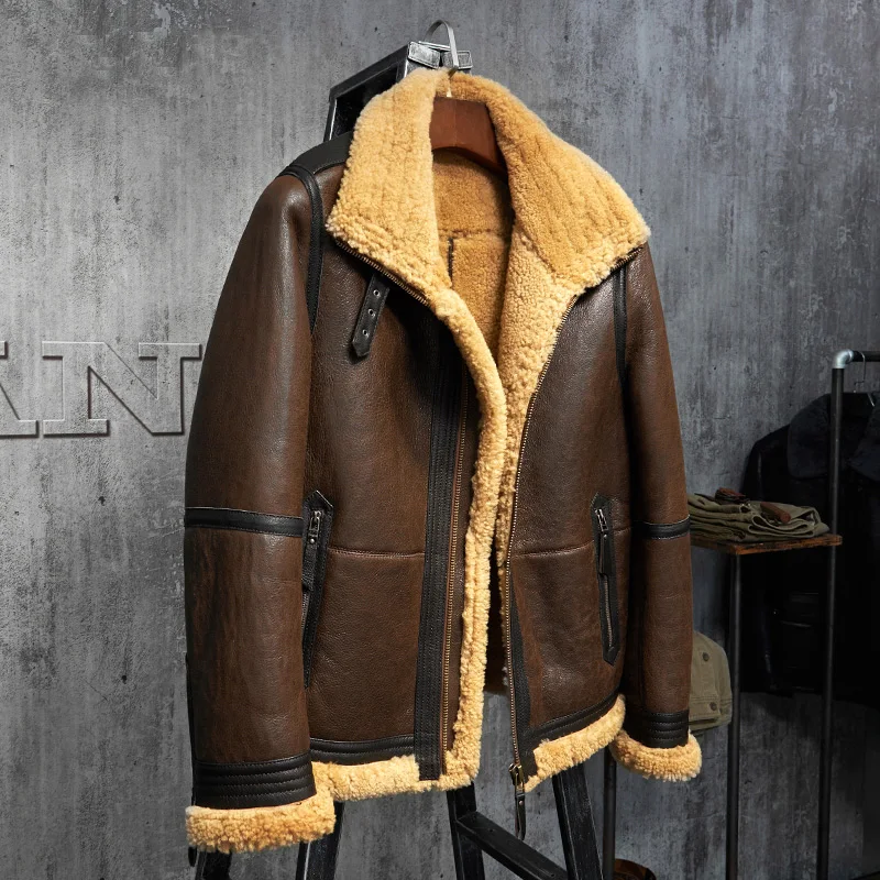 

Men's Shearling Jacket B3 Flight Jacket Short Fur Leather Jacket Imported Wool From Australia Mans Sheepskin Aviator Fur Coat