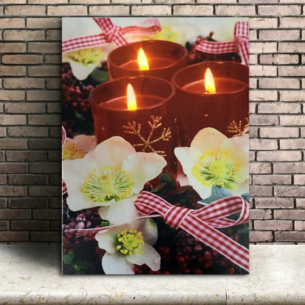 Lighted wall art Red candles with flowers flicking led canvas picture