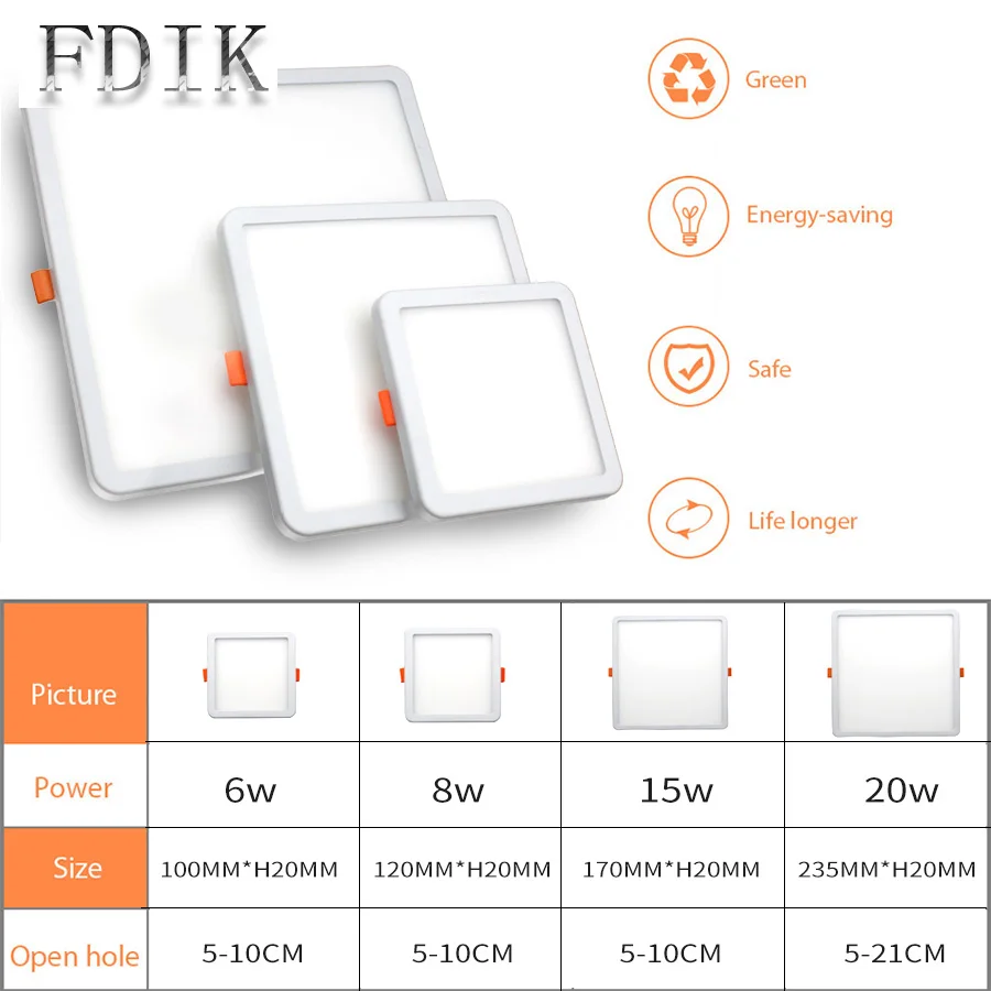 Квадратный круглый светодиодный панельный светильник, ультра тонкий встраиваемый светильник 6 Вт 8 Вт 15 Вт 20 Вт 220 В, панельный светильник, потолочный светильник, белый/теплый белый патент