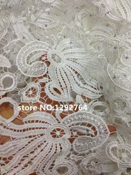 

African Cupion lace crystal stone fabric/ stones embroidery fabric for big occasions elegant dress white TS1557