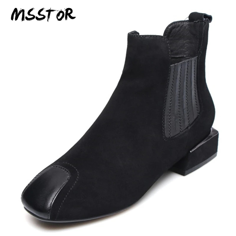 

MSSTOR Sewing Square Heels Women Winter Boots Fashion Autumn Spring Square Toe Flats Shoes Kid Suede Black Shoes For Women 3CM
