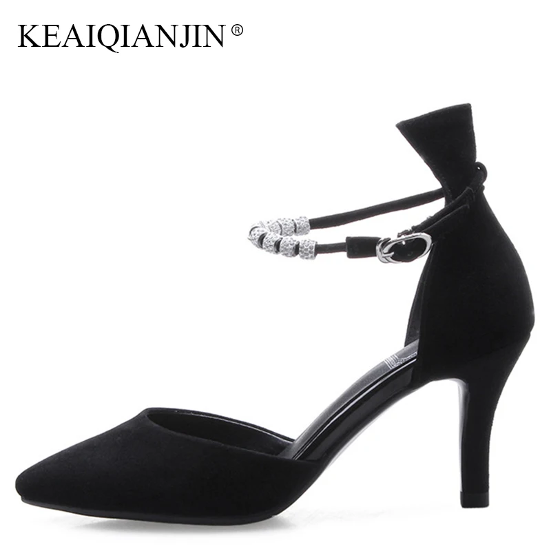

KEAIQIANJIN Woman Metal Decoration Black High Heels Shoes Fashion Gladiator Party Sandal Sexy Summer Genuine Leather Sandals