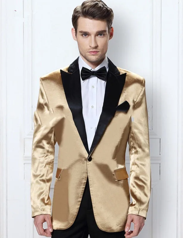 Gold One Button Peaked Lapel Men Suits Custome Homme Fashion Tuxedos New Arrival Blazer Suits